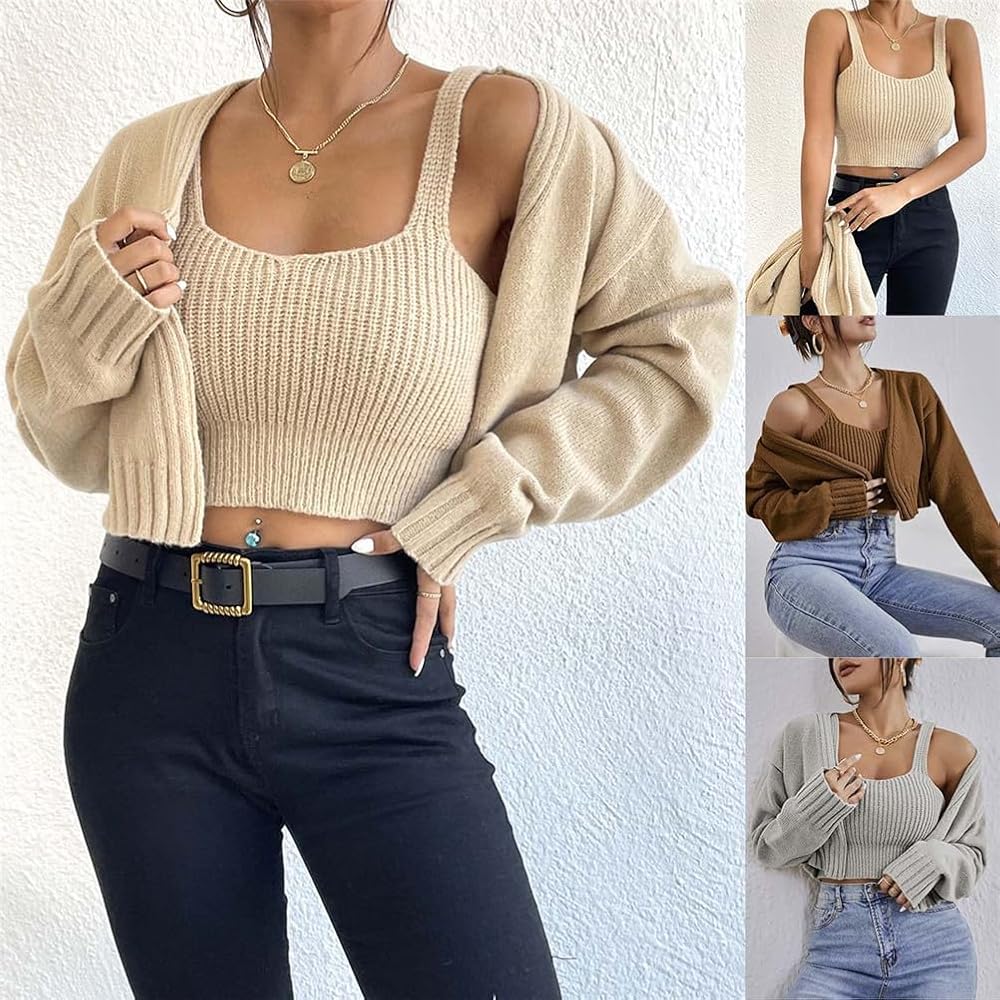 Women's Open Front Cropped Cardigan Camisole Set, Long